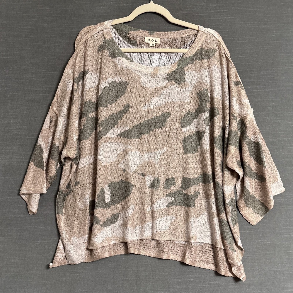 POL Top Sweater M Green Brown Camo Short Sleeve Open Knit Oversized Summer